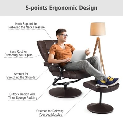 Costway Recliner Chair Swivel PU Leather Lounge Accent Armchair W/ Ottoman Brown - Image 6