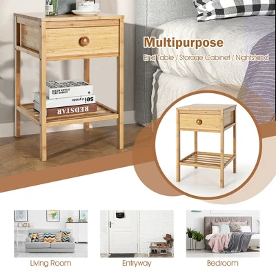 Costway 2PCS Bamboo Nightstand Natural Side End Table W/Drawer For Living Room Bedroom - Image 7