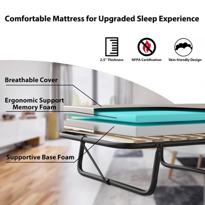 Costway Folding Bed W/Memory Foam Mattress Metal Guest Sleeper Wood Slats Made In Italy - Image 4