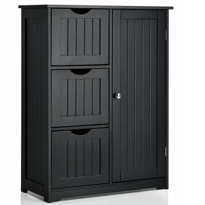 Costway Bathroom Floor Cabinet Side Storage Cabinet With 3 Drawers And 1 Cupboard Grey Black - Image 11