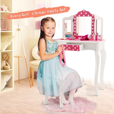 Costway Kid Vanity Set Wooden Makeup Table Stool Tri-Folding Mirror Polka Dot Print Pink - Image 7