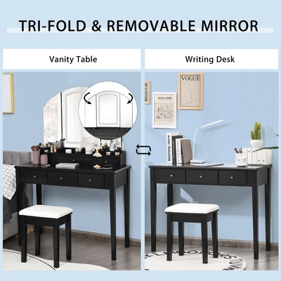 Costway Vanity Table Stool Set Large Tri-folding Lighted Mirror 6 Drawer Dresser WhiteBlack - Image 6