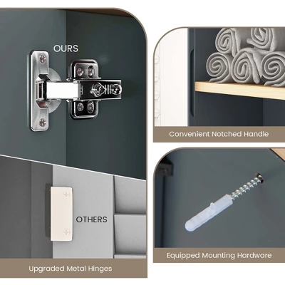 Costway Mirrored Medicine Cabinet Bathroom Wall Mounted With 3-Level Adjustable Shelf Grey - Image 7