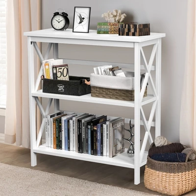 Costway Wooden Shelf Bookcase 3-Tier Open Bookshelf W/X-Design Freestanding Rack BlackBrownNaturalWhite