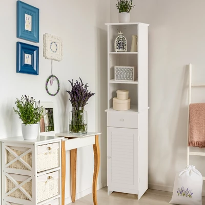 Costway Bathroom Tall Storage Cabinet Freestanding Linen Tower W/ Open Shelves & Drawer - Image 2