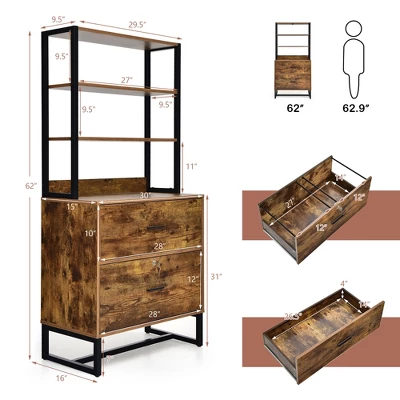 Costway 2 Drawer Vertical File Cabinet W/Lock & Bookshelf, Letter Size Filing Cabinet - Image 3