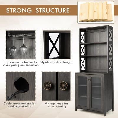 Costway Tall Freestanding Bar Cabinet Kitchen Buffet W/ Glass Holder & Adjustable Shelf - Image 8