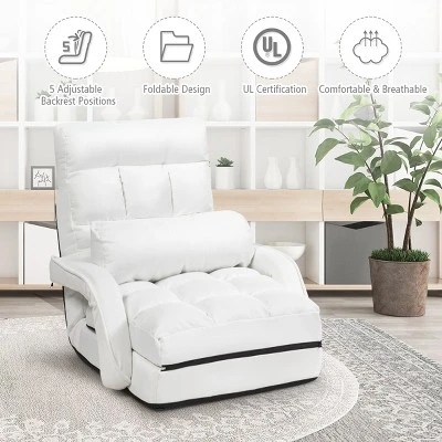 Costway Folding Floor Armchair W/6-position Adjustable Back & Lumbar Pillow White