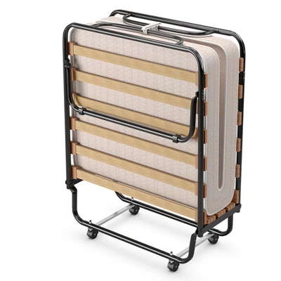 Costway Portable Folding Bed With Mattress Rollaway Cot Made In Italy NavyBeige - Image 9