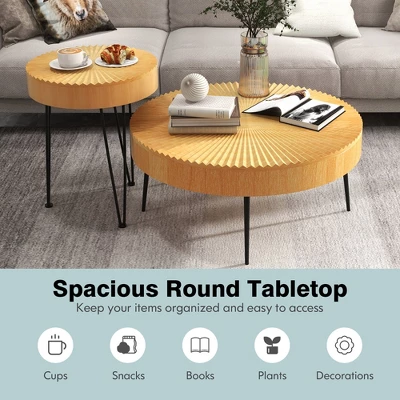Costway Farmhouse Round Coffee Table Set Of 2 End Table Natural Finish For Living Room - Image 7