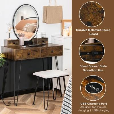 Costway Industrial Vanity Makeup Dressing Table Padded Stool Set 3-Color Lighted Mirror - Image 5