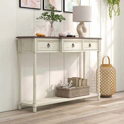 Costway Farmhouse Console Table Entryway Sideboard With 3 Drawers & Open Storage Shelf