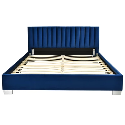 Costway Upholstered Bed Frame Full Size Modern Platform Bed With Vertical Channel Headboard No Box Spring Needed Navy/Grey - Image 9
