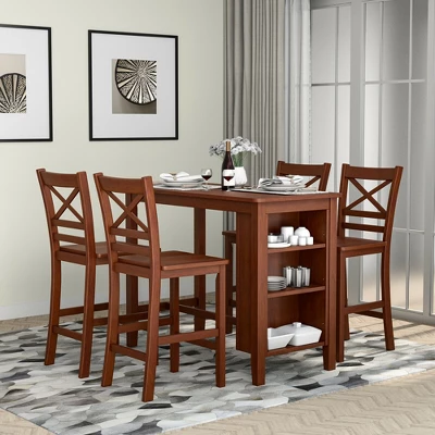 Costway Counter Height Pub Table Bar Table W/ Rubber Wood Legs & Storage Shelves - Image 4