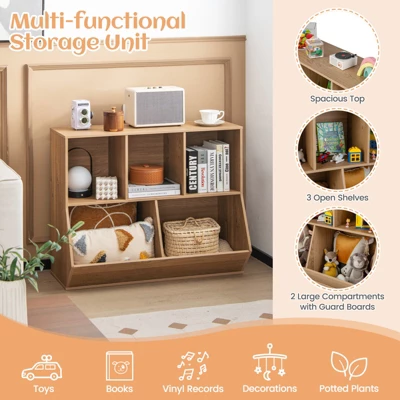 Costway 5-Cubby Kids Toy Storage Organizer Wooden Bookshelf Display Cabinet Natural/White - Image 4