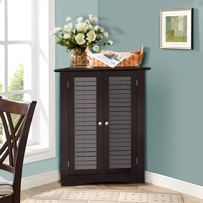 Corner Storage Cabinet Freestanding Floor Cabinet Bathroom W/ Shutter Door GreyBrown - Image 2