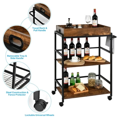 Costway 3-Tier Rolling Bar Cart Kitchen Serving Cart W/ Removable Tray & Handle - Image 7