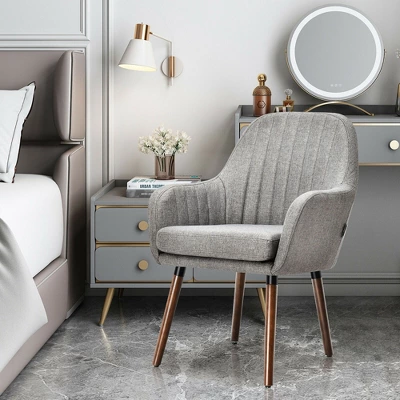 Costway Set Of 4 Accent Chairs Fabric Upholstered Armchairs W/Wooden Legs Beige/Gray - Image 3