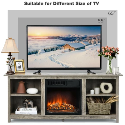 Costway 58'' 2-Tier Fireplace TV Stand W/18'' Electric Fireplace Grey Up To 65'' - Image 6