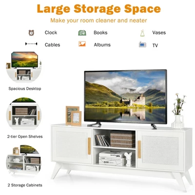Costway TV Stand Entertainment Media Console W/ 2 Rattan Cabinets & Open Shelves - Image 5