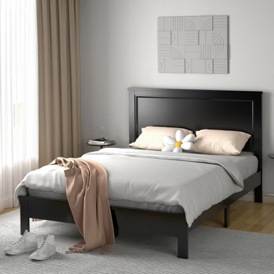 Costway Twin/Full/Queen Size Bed Frame Platform Slat High Headboard Bedroom Rubber Wood Leg - Image 2