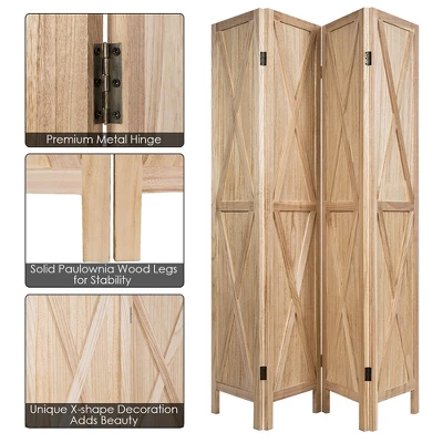Costway 4Panels Folding Wooden Divider W/x-shaped Design 5.6 Ft Tall Brown - Image 2