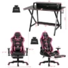 Costway Gaming Desk&Massage Gaming Chair Set W/ Footrest Monitor Shelf Power Strip Pink