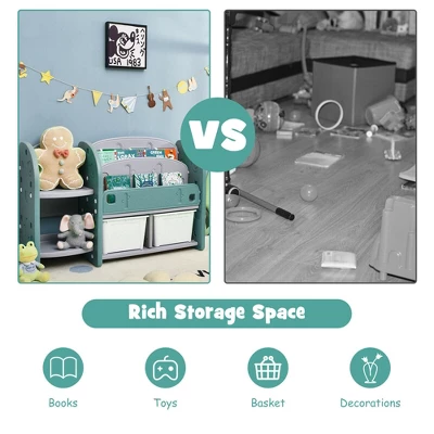 Costway Kids Toy Storage Organizer W/ 2-Tier Bookshelf & Plastic Bins - Image 8