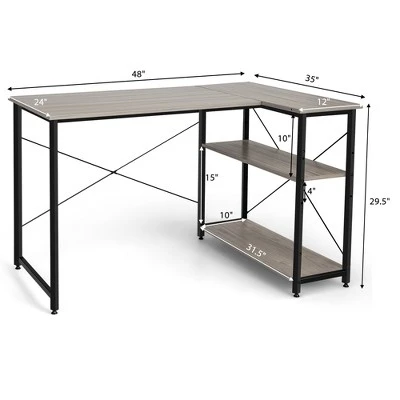 Costway 48'' Reversible L Shaped Computer Desk Home Office Table Adjustable Shelf BrownGrayNatural - Image 3