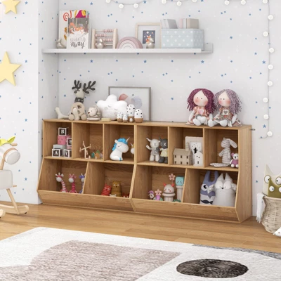 Costway 5-Cubby Kids Toy Storage Organizer Wooden Bookshelf Display Cabinet Natural/White - Image 3