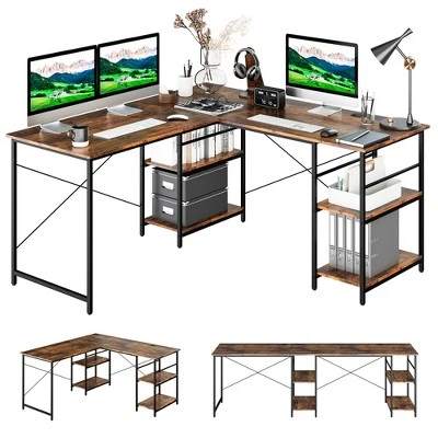 Costway 95'' Convertible L-shaped Corner Computer Desk 2-Person Long Desk Shelves Rustic/Black/Grey/Natural - Image 10