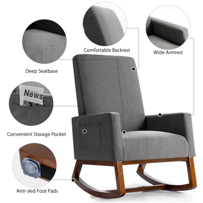 Costway Mid Century Retro Fabric Rocking Chair Upholstered Nursery Armchair Gray - Image 7