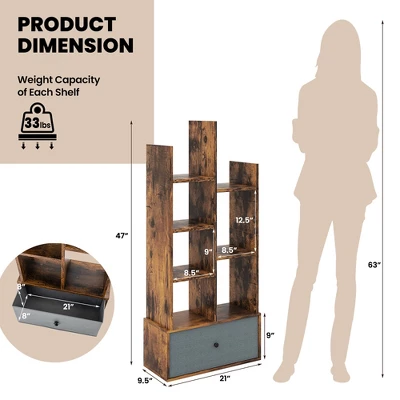 Costway Industrial Bookshelf Rustic Wooden Shelf Organizer With Non-woven Fabric Drawer - Image 2