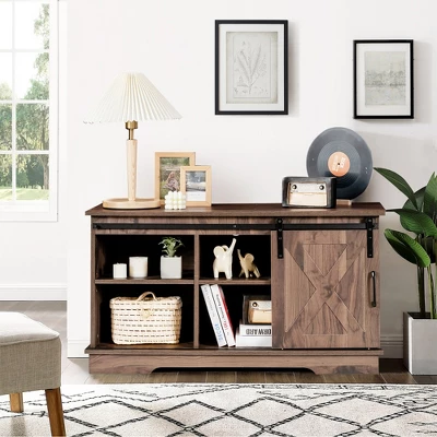 Costway Farmhouse Sliding Barn Door TV Stand Storage Cabinet Console W/ Adjustable Shelf - Image 2