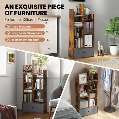 Costway Industrial Bookshelf Rustic Wooden Shelf Organizer With Non-woven Fabric Drawer - Image 5