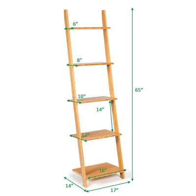 Costway 5-Tier Ladder Shelf Modern Bamboo Leaning Bookshelf Ladder Bookcase Open Display - Image 2