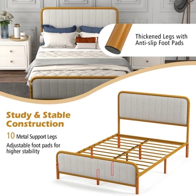 Costway Full Gold Metal Bed Frame Upholstered Platform Bed With Velvet Headboard - Image 5