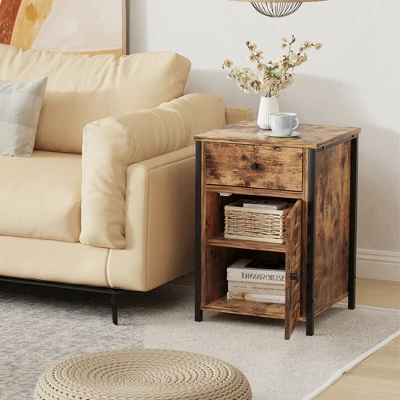 Costway 2PCS Nightstand W/ Drawer Cabinet Adjustable Shelf Industrial Side Table Rustic - Image 2