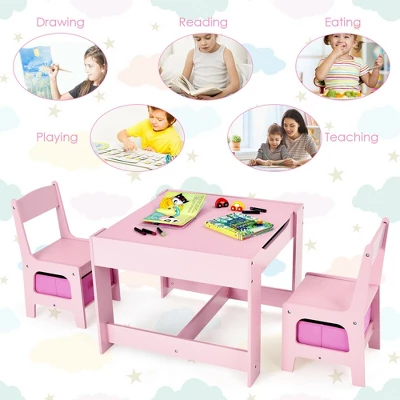 Costway 3 In 1 Wood Activity Table Chair Set W/Storage Box Pink - Image 8