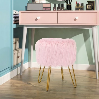 Costway Faux Fur Vanity Chair Makeup Stool Furry Padded Seat Round Ottoman Pink/White - Image 2