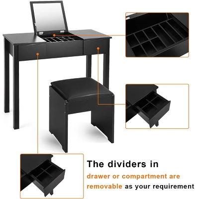 Costway Black Vanity Dressing Table Furniture Stool Storage Box - Image 2
