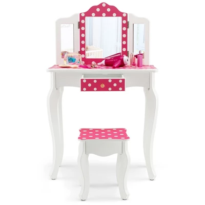 Costway Kid Vanity Set Wooden Makeup Table Stool Tri-Folding Mirror Polka Dot Print Pink - Image 8