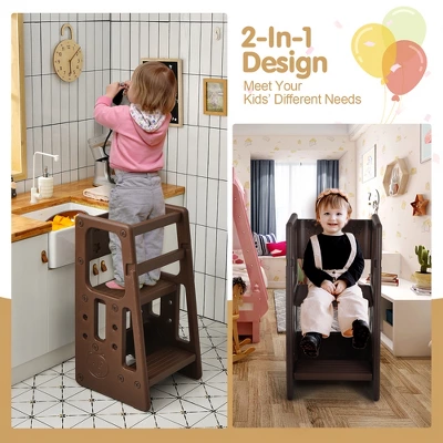 Costway Kids Kitchen Step Stool With Double Safety Rails Toddler Learning Stool PinkBrownGreenGray - Image 6