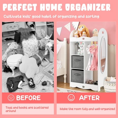 Costway Kids Dress Up Storage Hanging Armoire Dresser Costume Closet W/Mirror & Toy Bins - Image 6