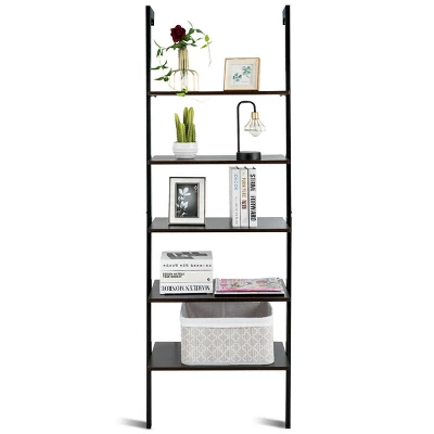Costway 5-Tier Ladder Shelf Wood Wall Mounted Bookshelf W/Metal Frame Display Shelf - Image 2