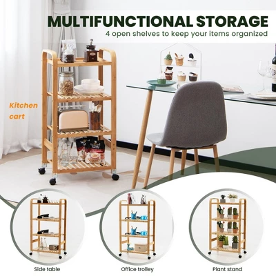 Costway 4-Tier Kitchen Serving Trolley Cart Mobile Bamboo Storage Shelf Lockable Casters - Image 4