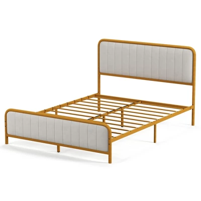 Costway Full Gold Metal Bed Frame Upholstered Platform Bed With Velvet Headboard - Image 12