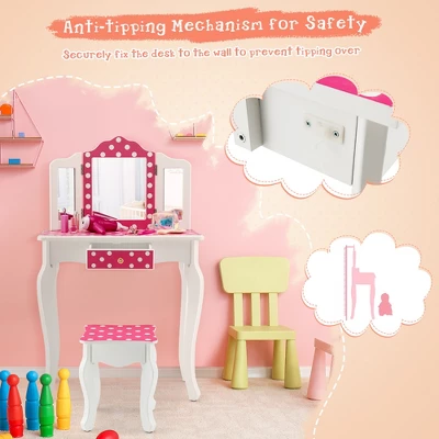 Costway Kid Vanity Set Wooden Makeup Table Stool Tri-Folding Mirror Polka Dot Print Pink - Image 2