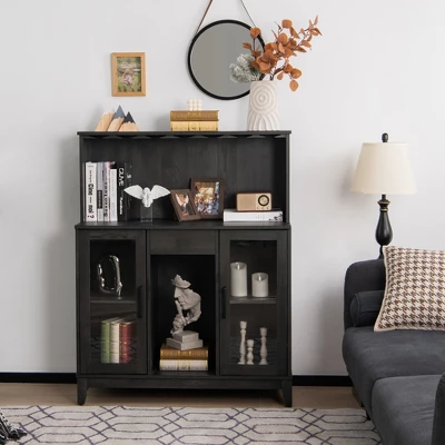 Costway 2-Door Buffet Bar Cabinet Kitchen Storage Sideboard Wine Rack Glass Holder GreyBlack - Image 2