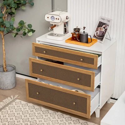 Costway 3-Drawer Rattan Dresser Modern Closet Chest Storage Cabinet Living Room Entryway - Image 3